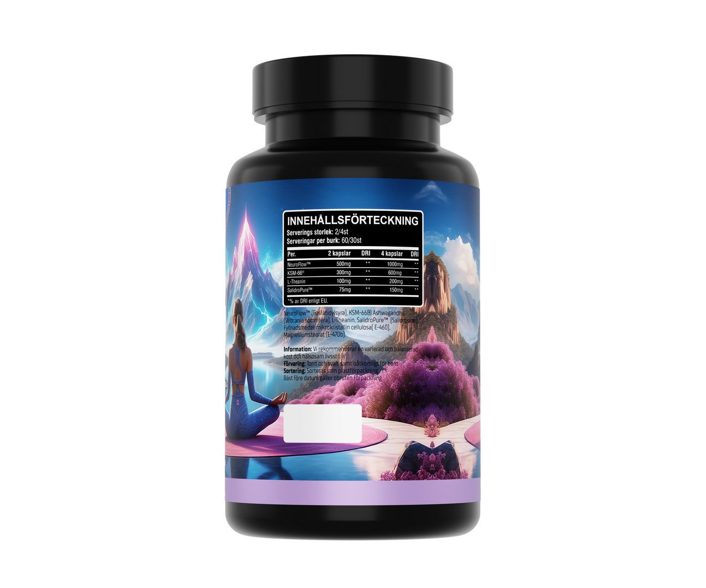 Baksida av EaseUP – High End Stress Management Formula med ingredienser, doseringsanvisning och information om KSM-66 Ashwagandha, Neuroflow och Salidropure.