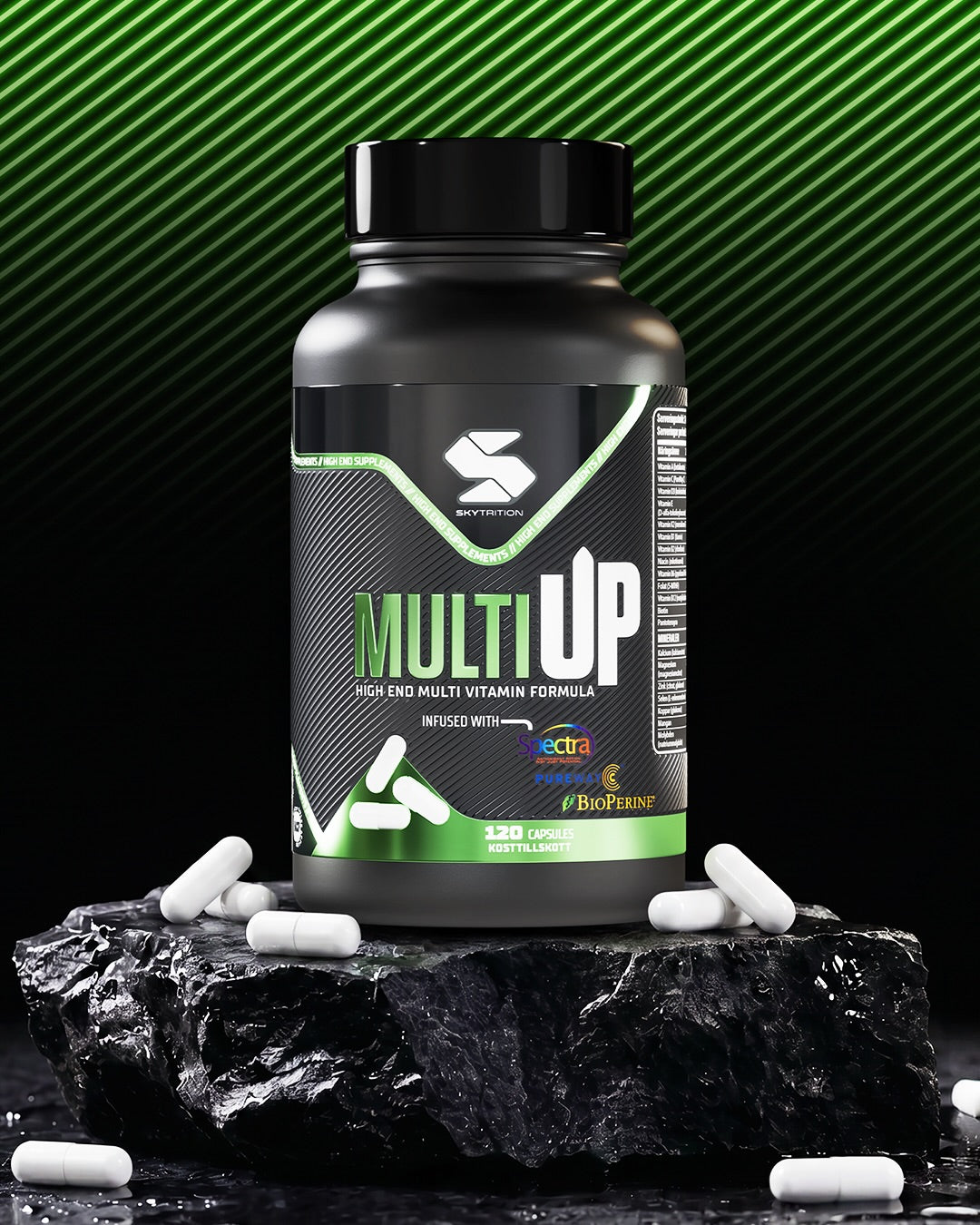 MultiUP multivitamin burk med 120 kapslar på sten med kapslar runtomkring – Spectra®, PureWay-C® & BioPerine® | Skytrition