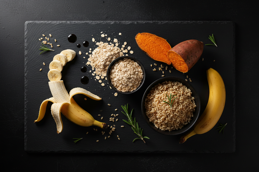Flat lay med kolhydratkällor – havregryn, sötpotatis, ris och banan på svart yta