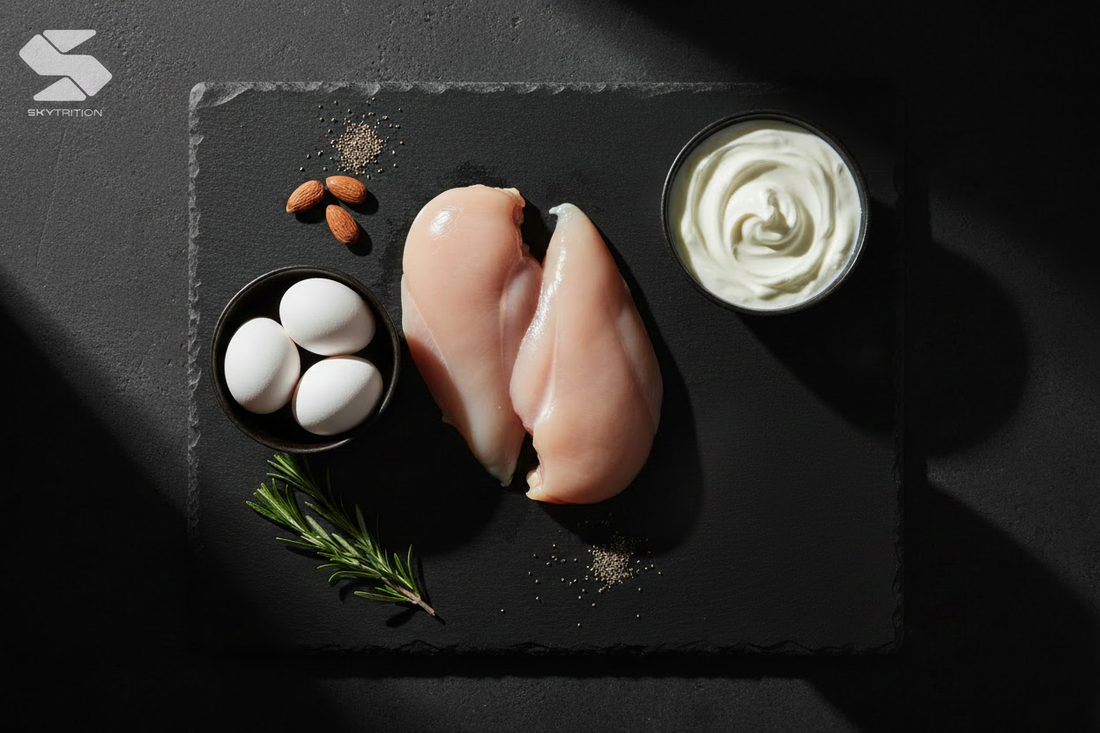 Flat lay med proteinkällor – kyckling, ägg och kvarg på svart yta med Skytrition-logga