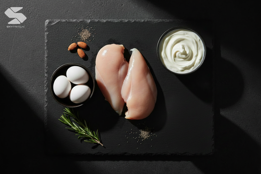 Flat lay med proteinkällor – kyckling, ägg och kvarg på svart yta med Skytrition-logga