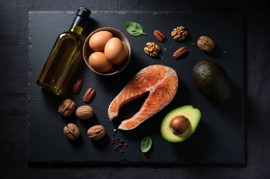 Flat lay med hälsosamma fettkällor – lax, avokado, valnötter, olivolja och ägg på svart yta