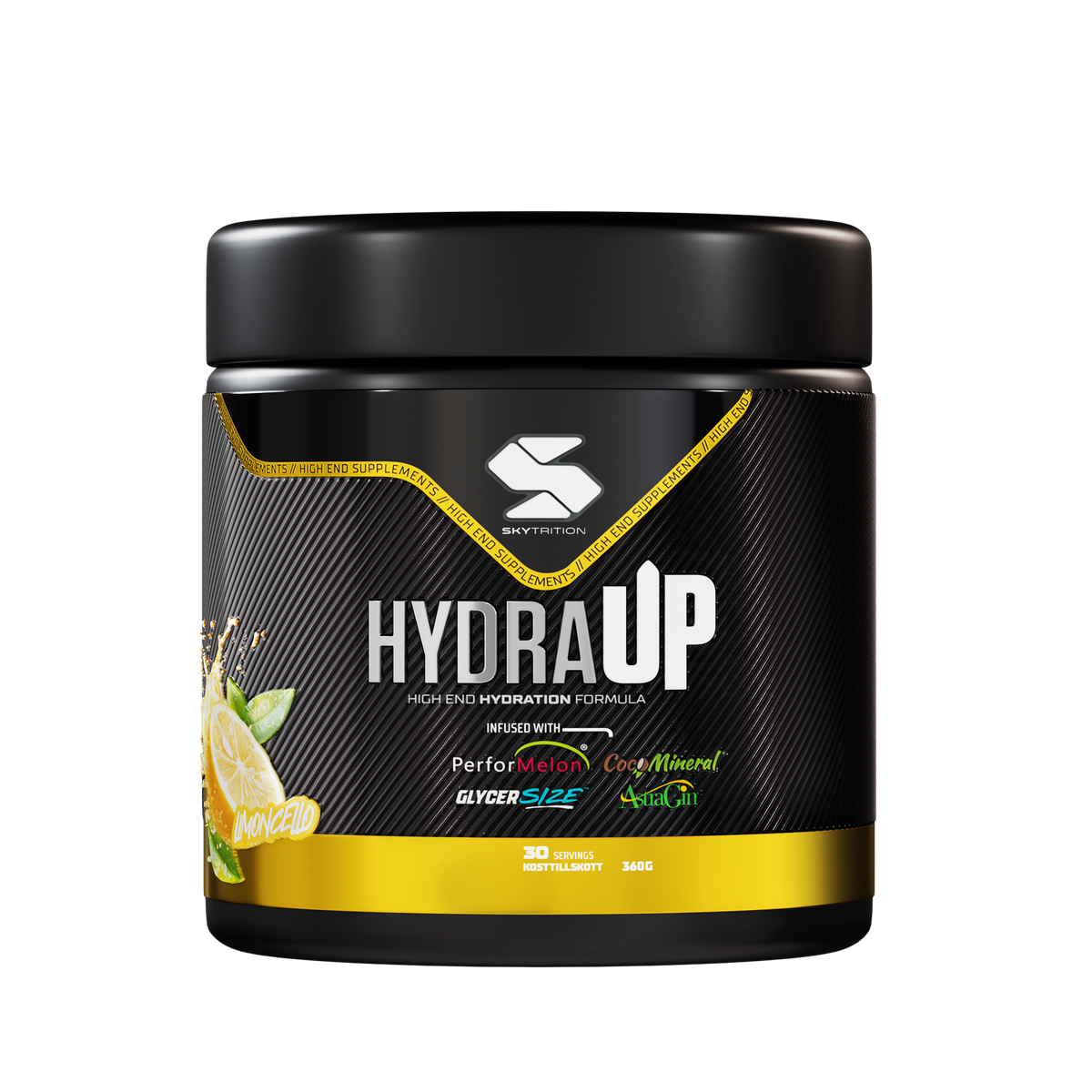 Skytrition HydraUP hydration- och elektrolytpulver med PerforMelon®, CocoMineral®, GlycerSize® och AstraGin® – Limoncello