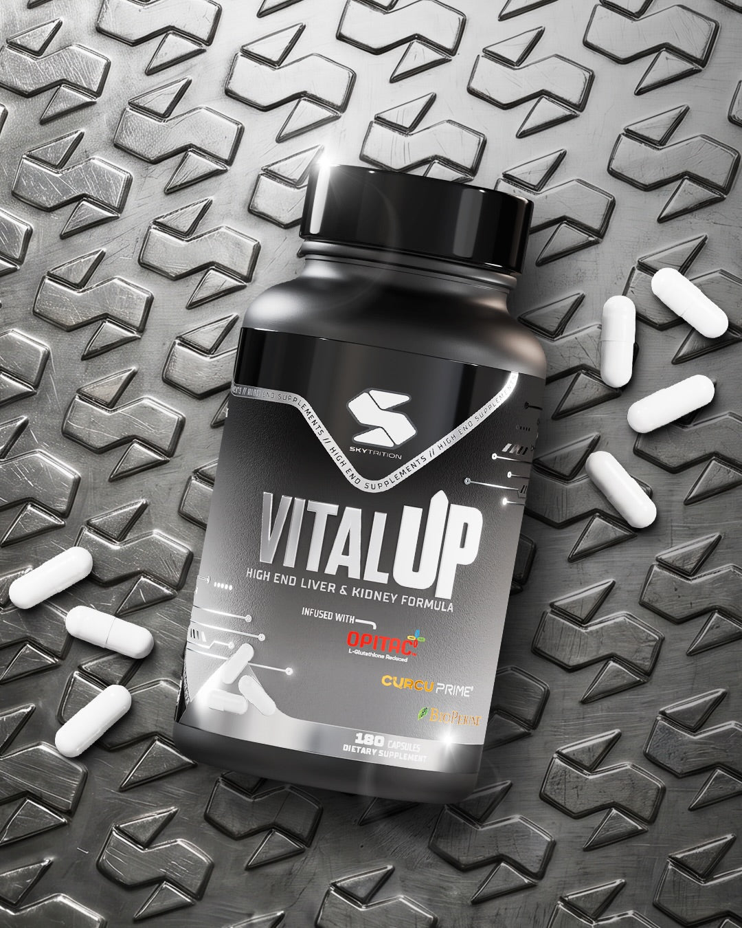 VitalUP lever- och njurtillskott 180 kapslar på metallplatta med kapslar – OPITAC™ & CurcuPrime® | Skytrition
