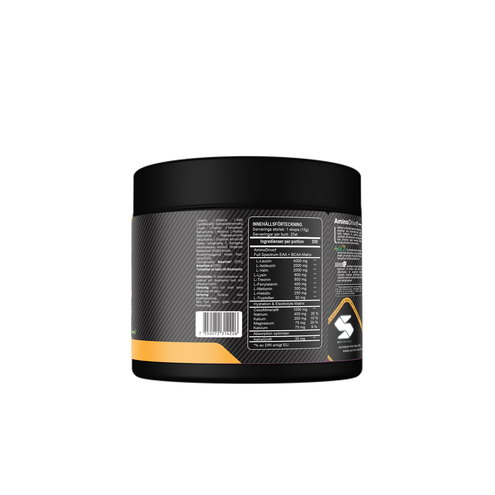 Baksida AminoUP med innehåll, dosering och information om EAA, BCAA, elektrolyter och AstraGin